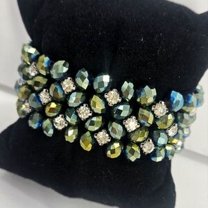 Vtg Stretch Bracelet Faceted Peacock Green Beads W Rhinestone Inserts Bracelet
